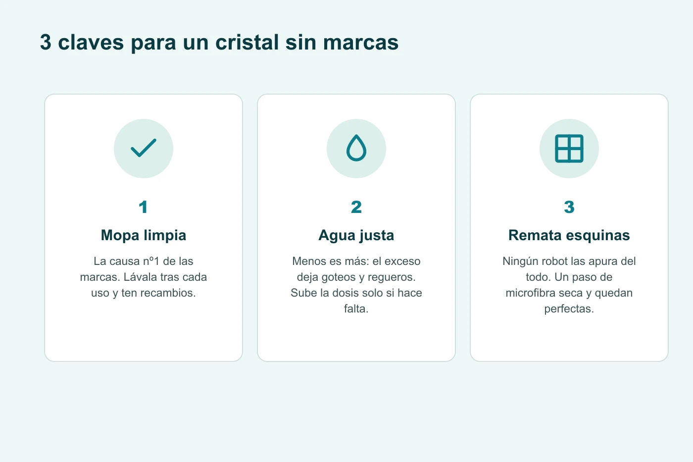 Tres claves para limpiar cristales sin marcas: mopa limpia, agua justa y rematar las esquinas