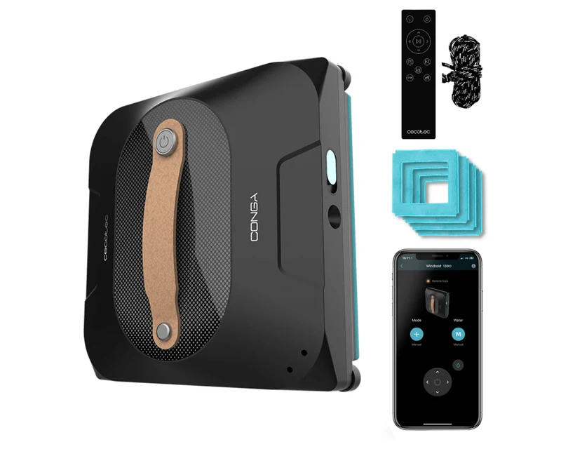 Cecotec Conga Windroid 1390 Double Spray Connected negro, robot limpiacristales cuadrado con app