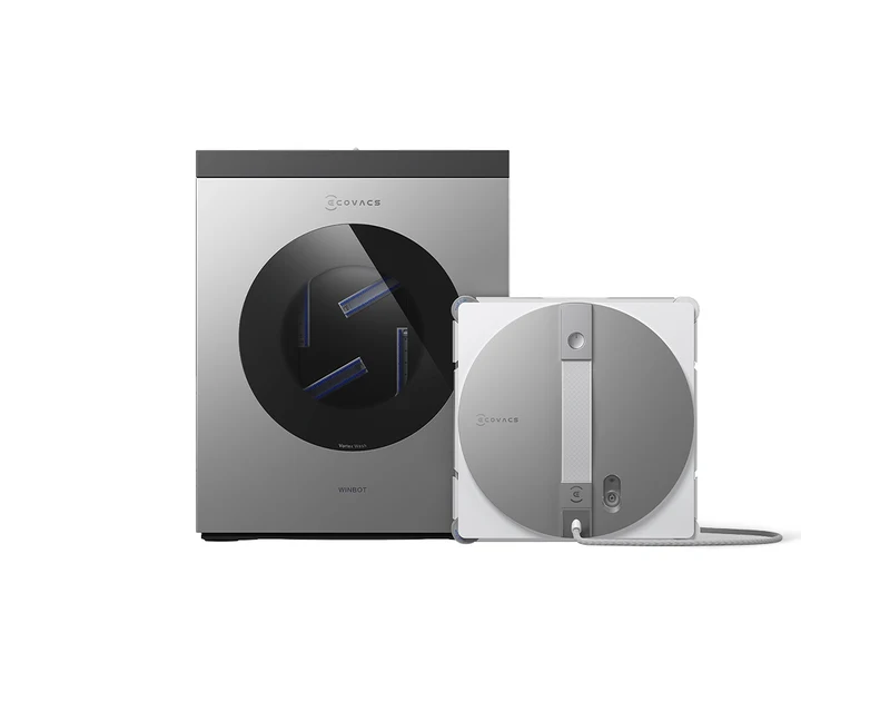 ECOVACS WINBOT W3 OMNI blanco con su estación multifunción de autolavado